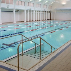 Pool hall at Dulwich Leisure Centre after completion of refurbishment work, showing new entry steps